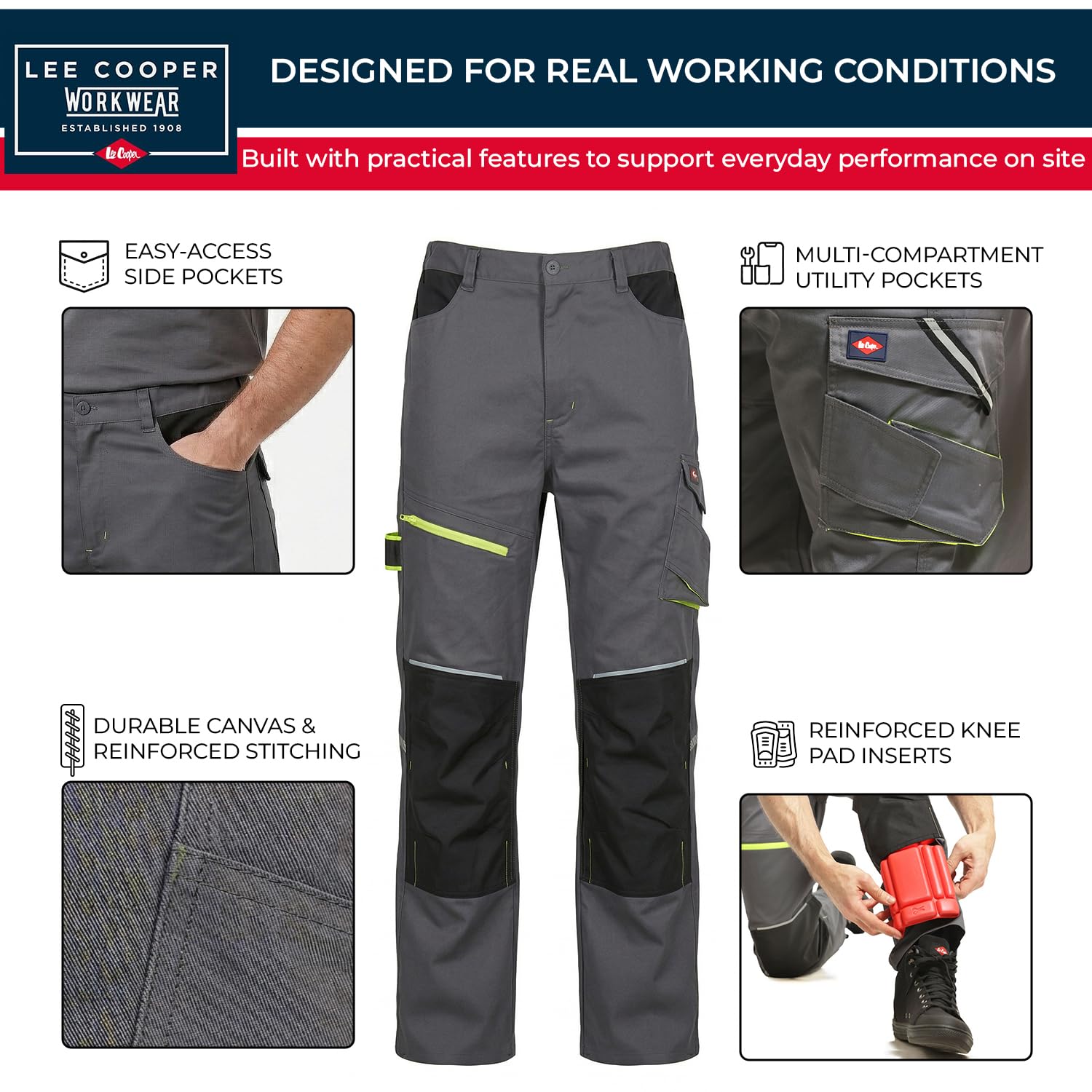Lee Cooper LCPNT246 Męskie spodnie robocze cargo stretch z kieszeniami na nakolanniki, elementy Hi-Vis, kieszenie narzędziowe