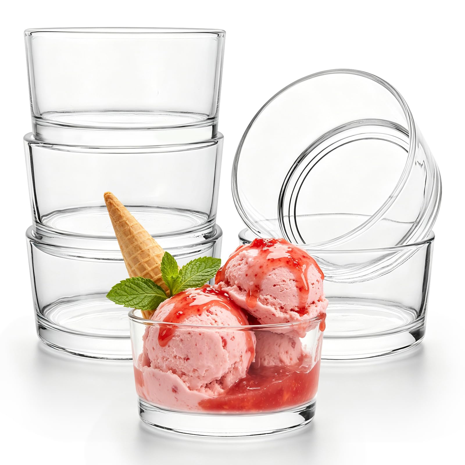 LONTOM 6 Pack Dessert Glasses, 200ml Ice Cream Bowls Glass Dessert Bowls, Round Clear Small Glass Ramekins Serving Bowl for Sundae, Ice Cream, Snacks, Fruits, Dips Microwave Dishwasher Safe