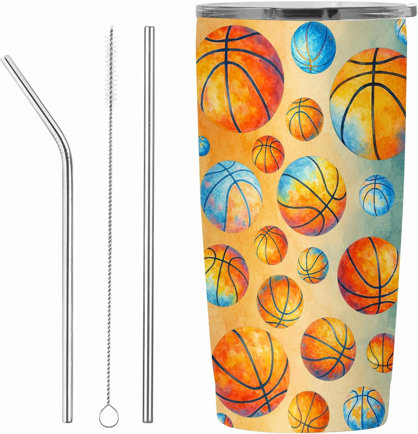 Basketball Tumbler 20oz Vacuum Insulated Stainless Steel Travel Mug with Sliding Lid & Straw, Sweat-Proof, Cup Holder Friendly, Watercolor Gift for Players, Boys, Coach, Senior Night - Image 2
