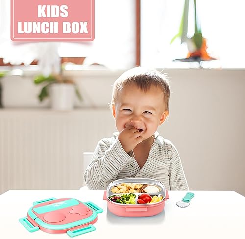 Miniatura 2 de Lonchera pequeña de acero inoxidable para niños, a prueba de fugas, 3 compartimentos, lonchera con cubiertos portátiles, tamaños de porciones