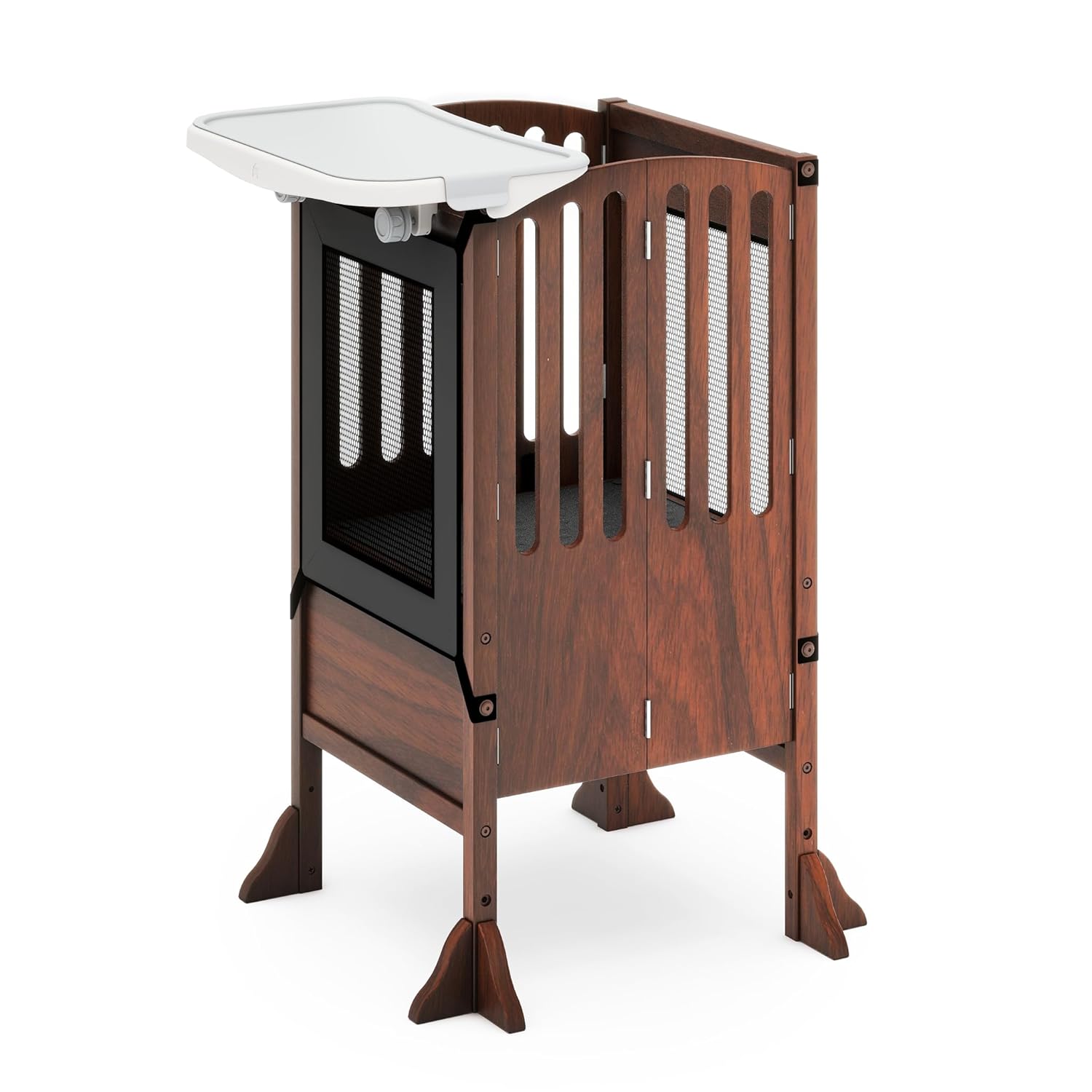 Guidecraft Kitchen Helper® Toddler Tower and Mealtime and Play Tray Bundle: Contemporary Walnut Folding, Adjustable Step Stool with Keepers, Non-Slip Mat and Easy to Clean,...