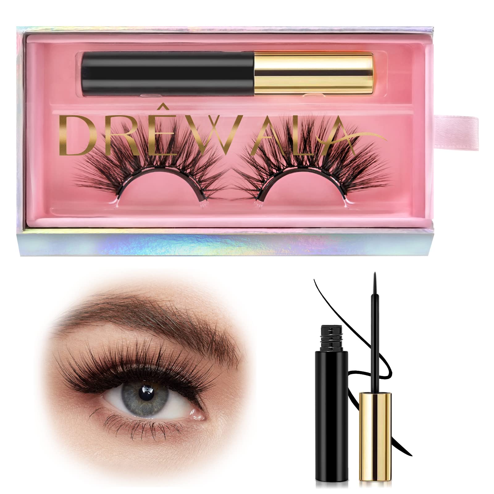 Magnetic Eyelashes with Eyeliner Kit Natural Look 3D Long Faux Mink Lash Round Shape Resuable Lash Set Strong Black Eyeliner Glueless Easy Remove