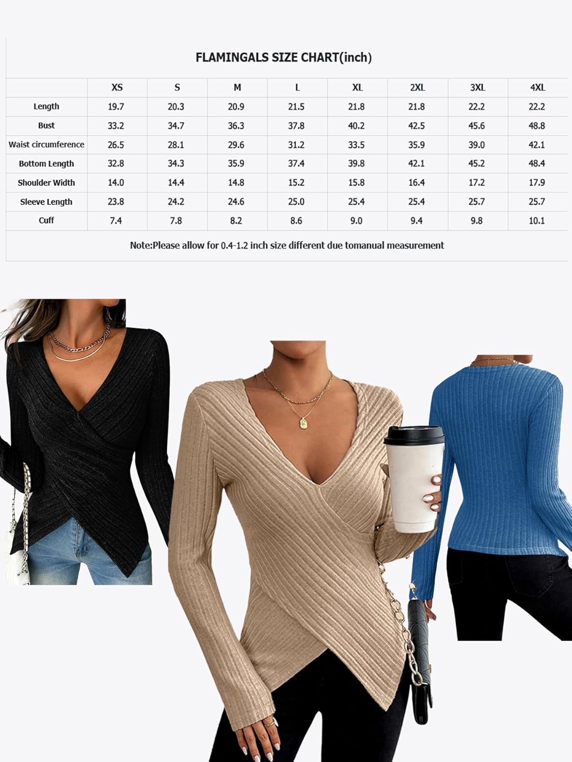 Flamingals Women's Elegant Casual Chic Deep V Neck Long Sleeve Stretchy Rib Knit Asymmetrical Wrap Slim Fit T Shirt - Image 4