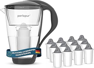 GLAS-Wasserfilter PerloPur (anthrazit) mit 12 Protect+ classic Filterkartuschen (f. hartes Wasser) - Made in EU