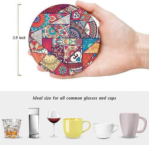 Miniatura 5 de Britimes Juego de 6 posavasos para bebidas, diseño de mandala mexicano, con base de corcho y soporte de metal, regalo para inauguración de la casa,