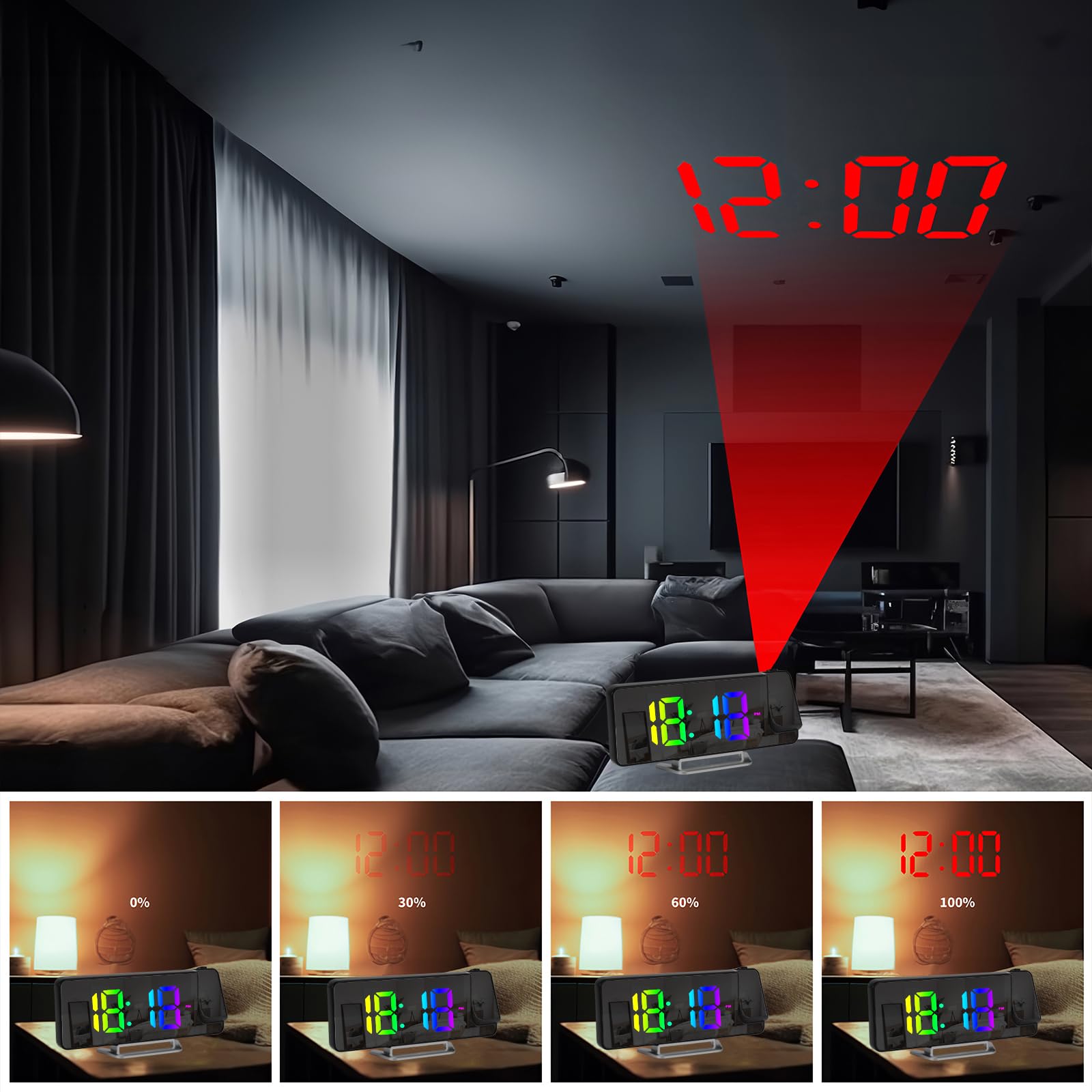 Sveglia con Proiettore, Orologio Digitale 8,1" RGB, 3 Livelli di Luminosità, Proiezione Regolabile a 180°, Orologio con Termometro, Doppia Sveglia 12/24H, Display LED, Ricarica USB