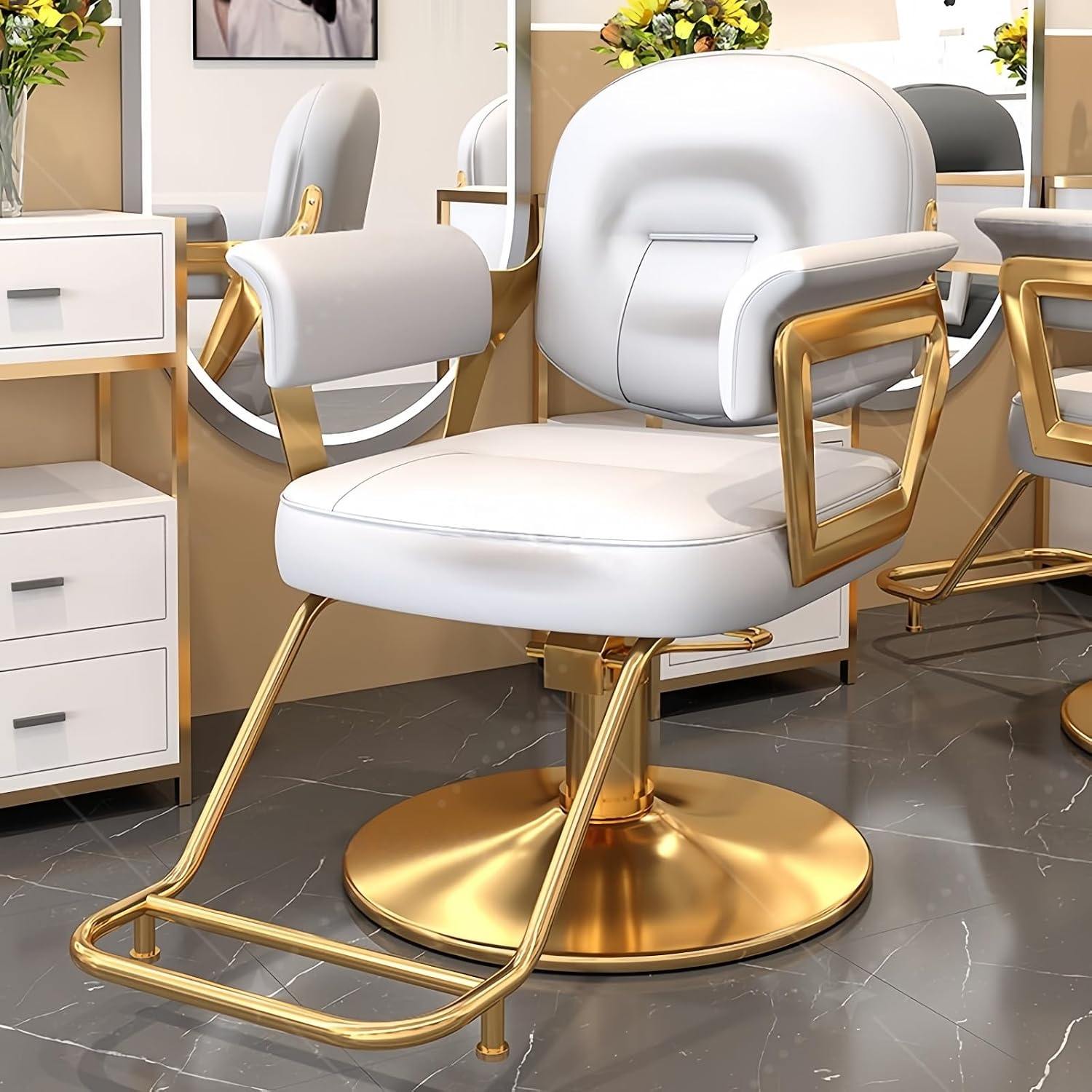 Reclining Barber Chair for Hair Salon 360 Degrees Rolling Swivel Barber Chairs Hair Stylist Tattoo Salon Chair Styling Equipment,White,Gold Chassis