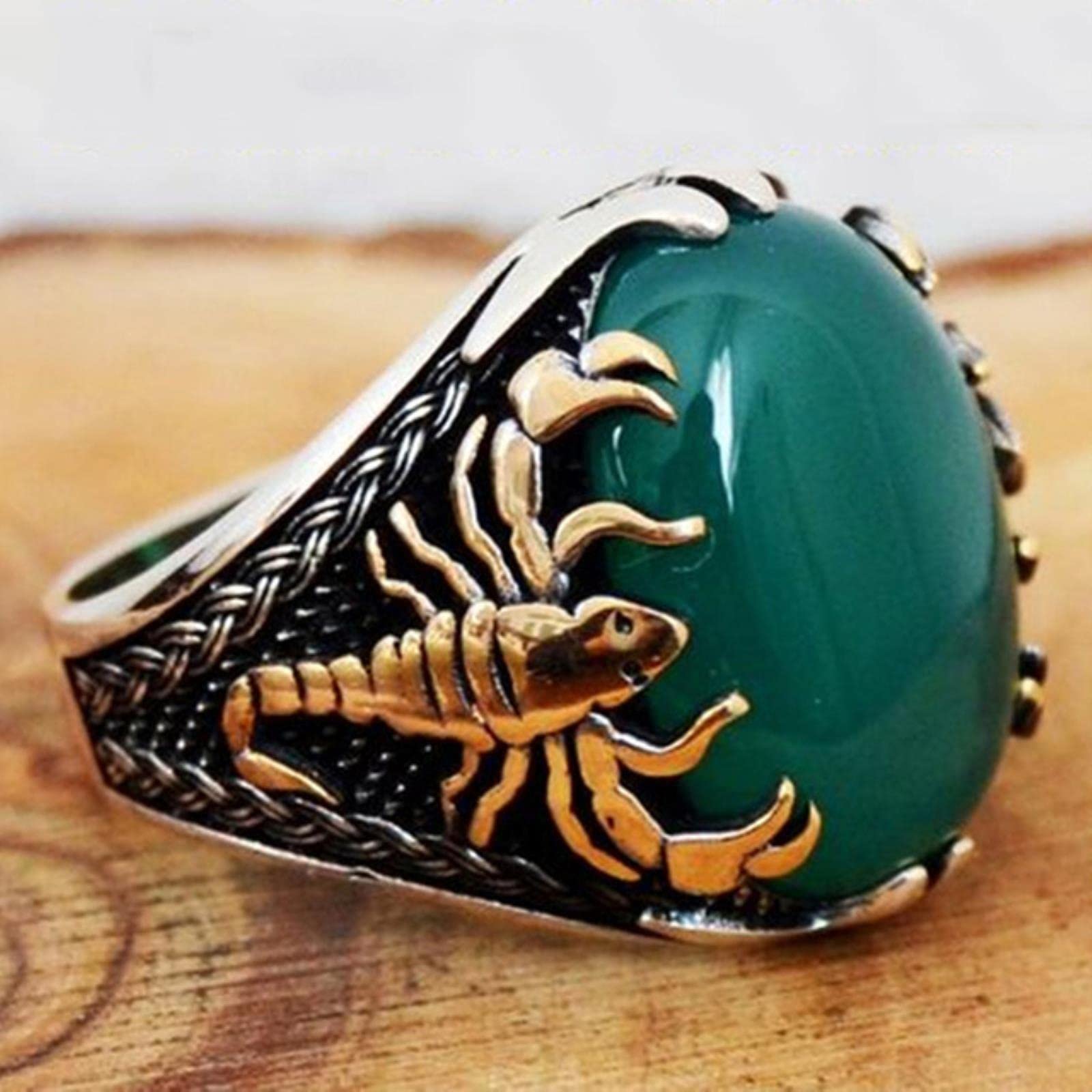 DarryDooly Retro Gothic Style Punk Scorpion Green Black Stone Ring Male Gold Scorpion Pattern Wedding Rings for Men Hip Hop Turkish Jewelry