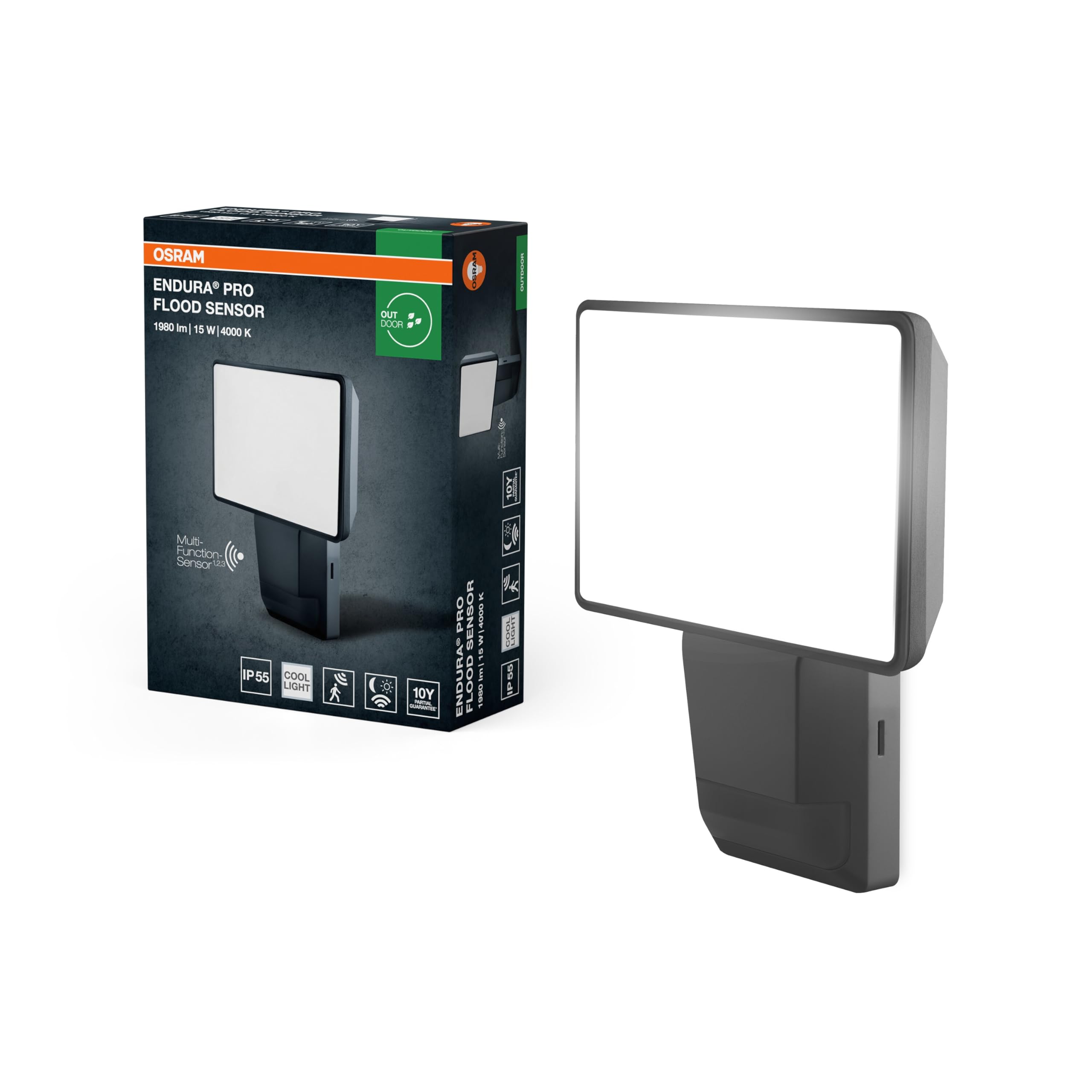 Osram Endura Pro projecteur extérieur avec capteur, Angle Diffusion Large, Design Optique innovant, 15W, Gris foncé, Protection IP55, pour Parking et Parcs