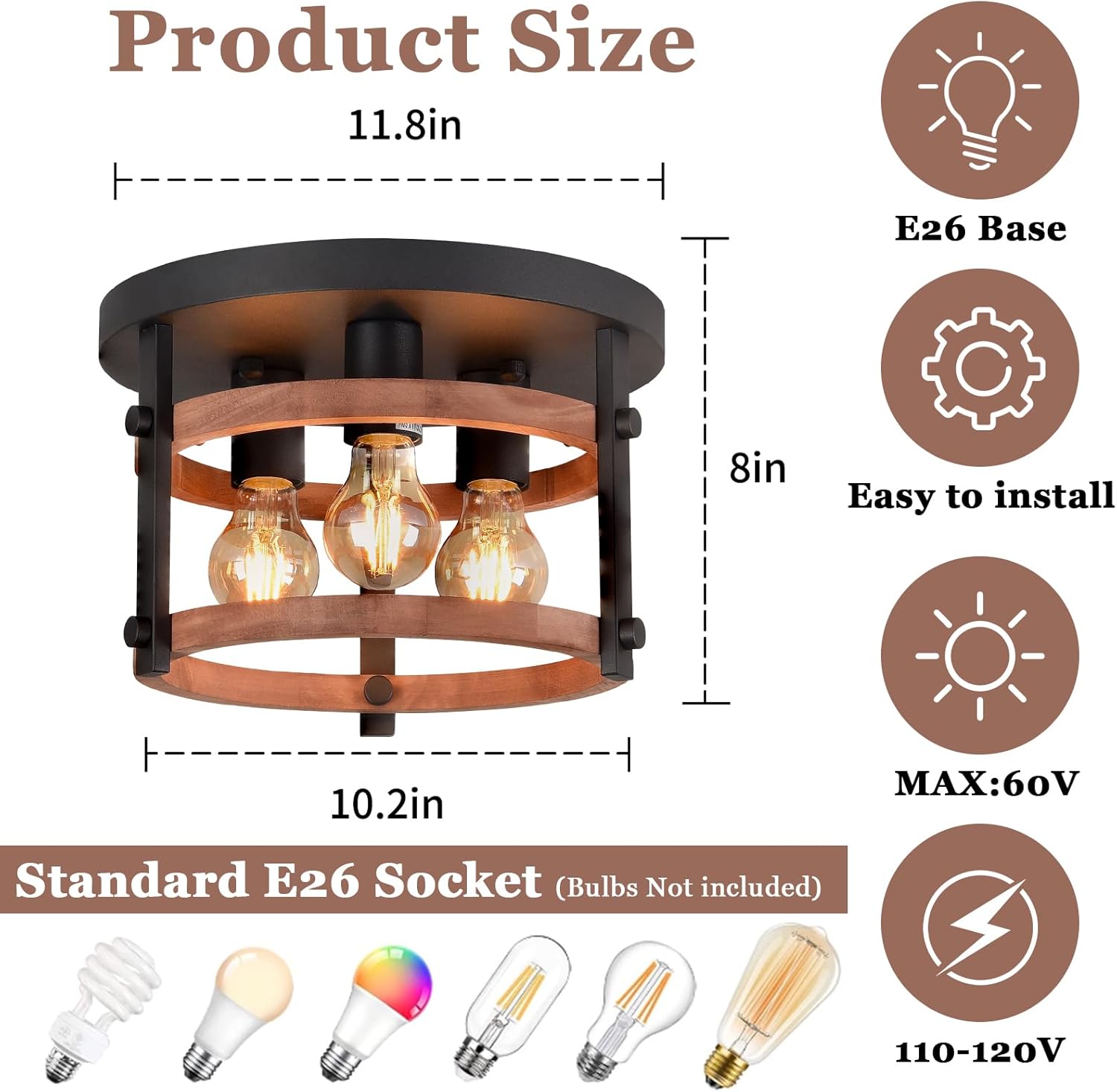 3-Light Flush Mount Wood Ceiling Light Black Metal and Round Wood Frame Hallway Ceiling Light 12 inch Retro Rustic Light Fixtures for Farmhouse, Kitchen, Foyer,Entryway, Bedroom, Dining Room