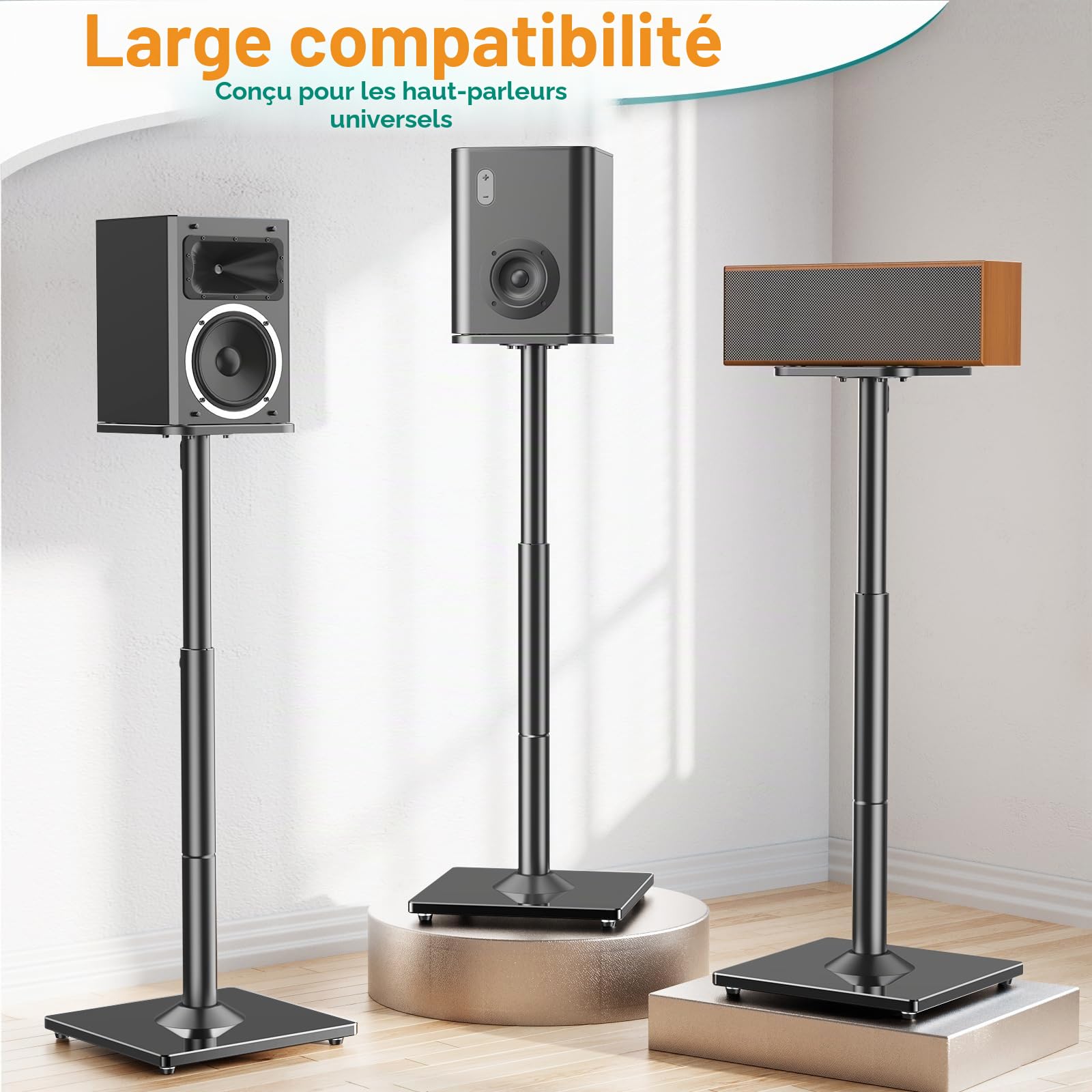 ELIVED 1 paire de supports universels pour haut-parleurs d'étagère - Hauteur réglable jusqu'à 95 cm - Avec socle en verre et canal de câbles interne - Capacité de charge de 10 kg - Noir