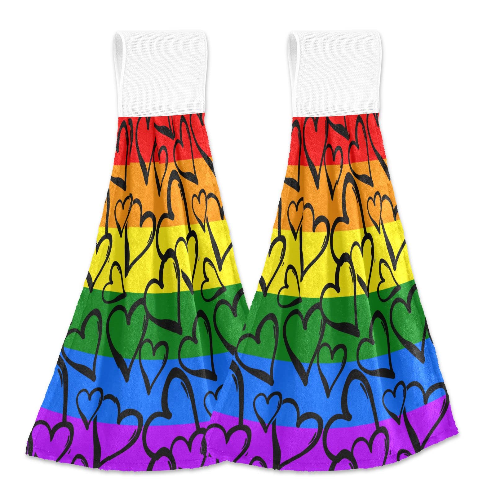 Boccsty Gay Pride Rainbow Colored Hearts Hanging Kitchen Towels 2 Pieces Hand Bath Towels for Bathroom Farmhouse Home