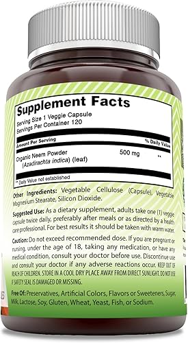 Vista 10 de Amazing India Neem (hecho con hoja de neem natural), suplemento de 120 cápsulas vegetales de 500 mg, sin OMG, sin gluten, fabricado en Estados Unidos