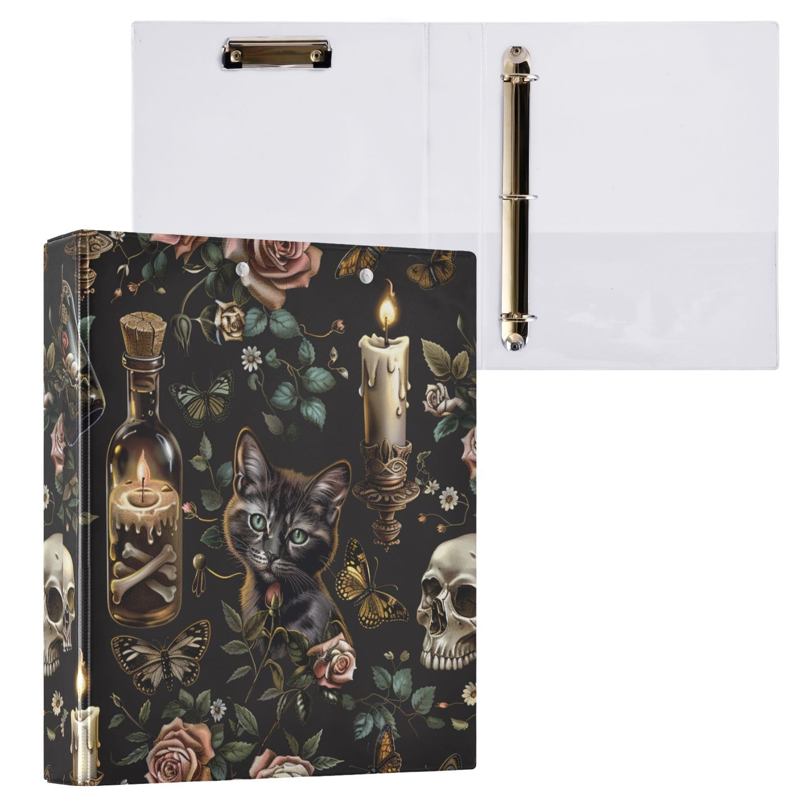 3 Ring Binder, Black Skulls Cats Gothic Style File Folder Holds 200 Sheets File Storage for Women Men School Office Supplie