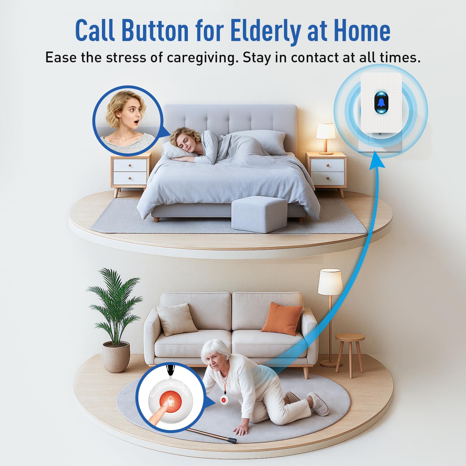 DAYTECH Allarmi personali wireless per anziani, pulsante di chiamata per anziani, allarme da polso, pulsante antipanico, campanello per pazienti disabili domestici, anziani, con 1 ricevitore plug-in