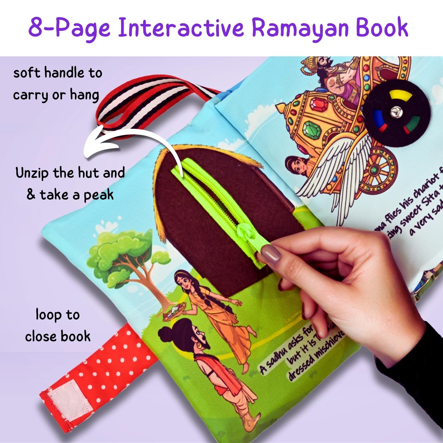 Seraphina My First Ramayan Cloth Book | Interactive Soft Baby Toy with Textures, Rattle & Zipper | Diwali & Dussehra Themed Toy for Ages 0-2 Years | Montessori Sensory Toys for Babies - Image 3 thumbnail