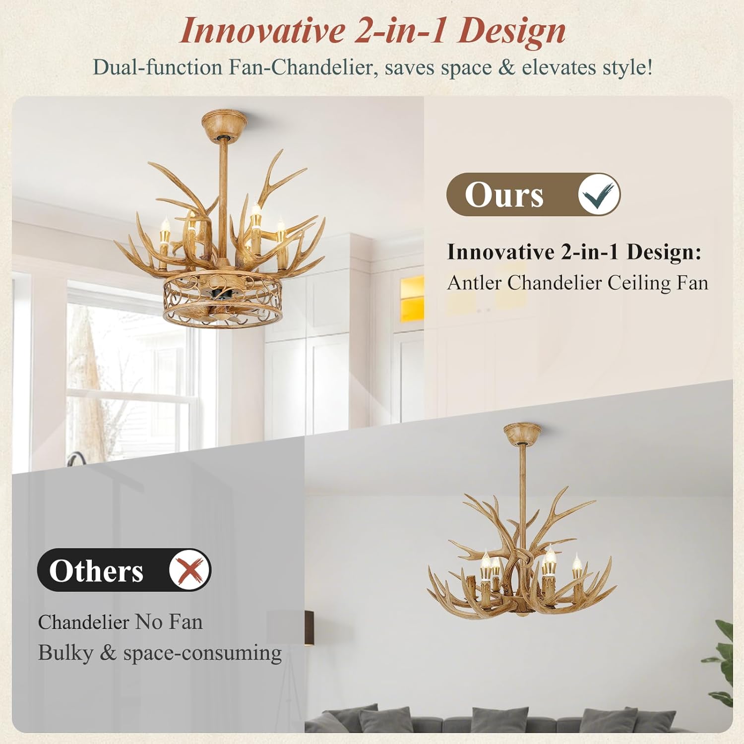 Antler Chandelier Ceiling Fan, 26" Rustic Farmhouse Ceiling Fan with 6 Lights, Retro Country Style Deer Horn Chandelier Lighting, Antler Lamp for Cafes, Bars, Kitchen, Dining Room, Living Room
