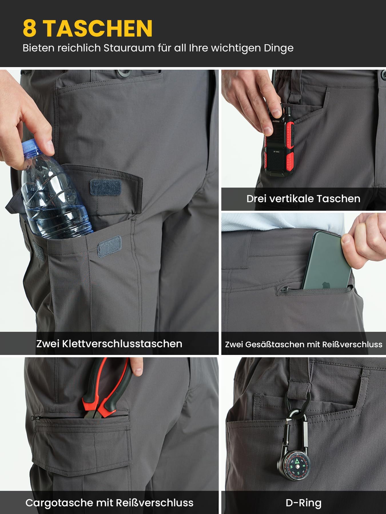 Pantalon de randonnée pour homme - Pantalon cargo léger - Imperméable - Séchage rapide - Stretch