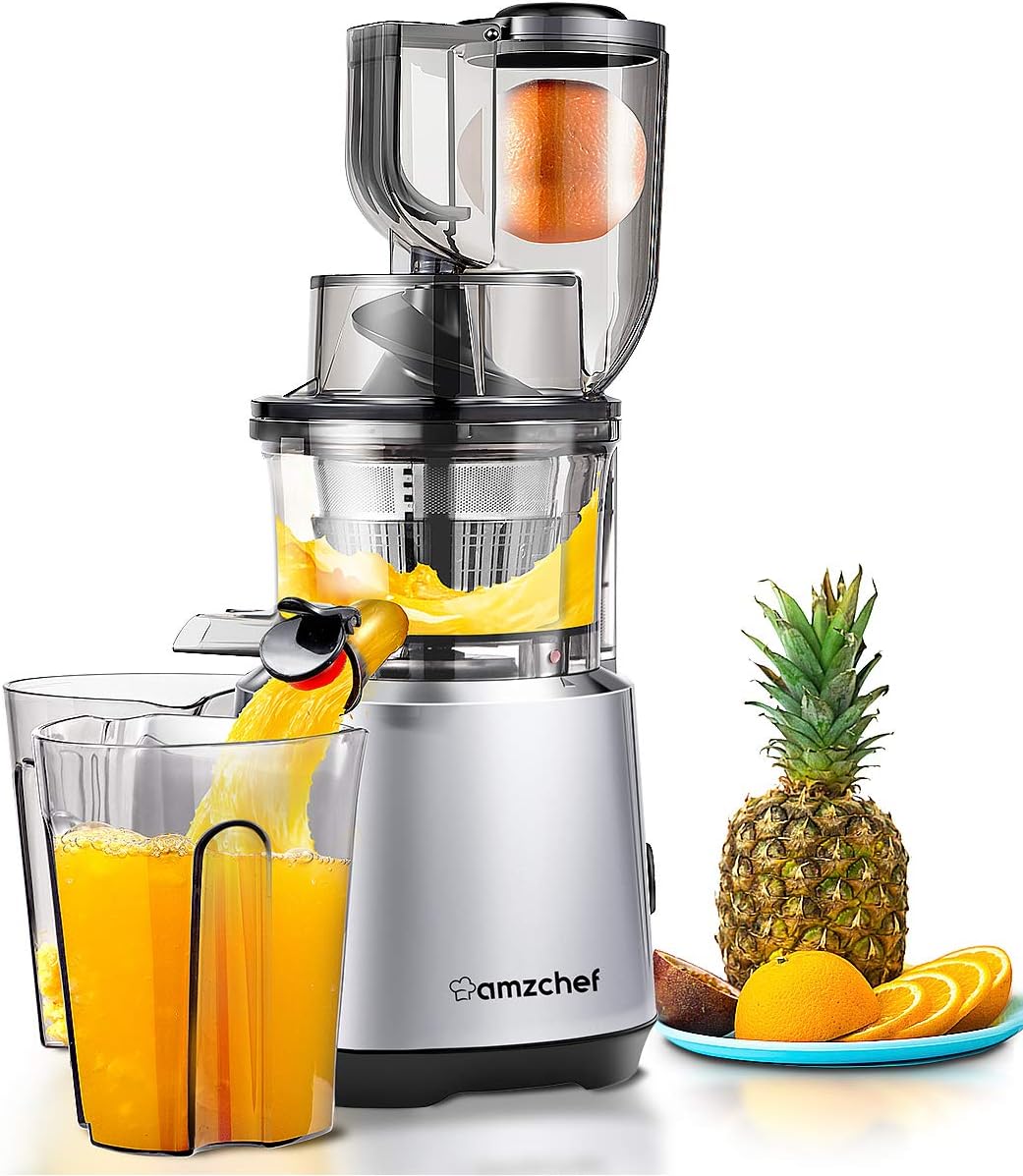 AMZCHEF Professional Slow Juicer, Vegetable & Fruit Juicer Machine, Two speeds, Silent motor ≤60dB, Cleaning brush & Juice jug Include, (150 Watts/Silver grey)