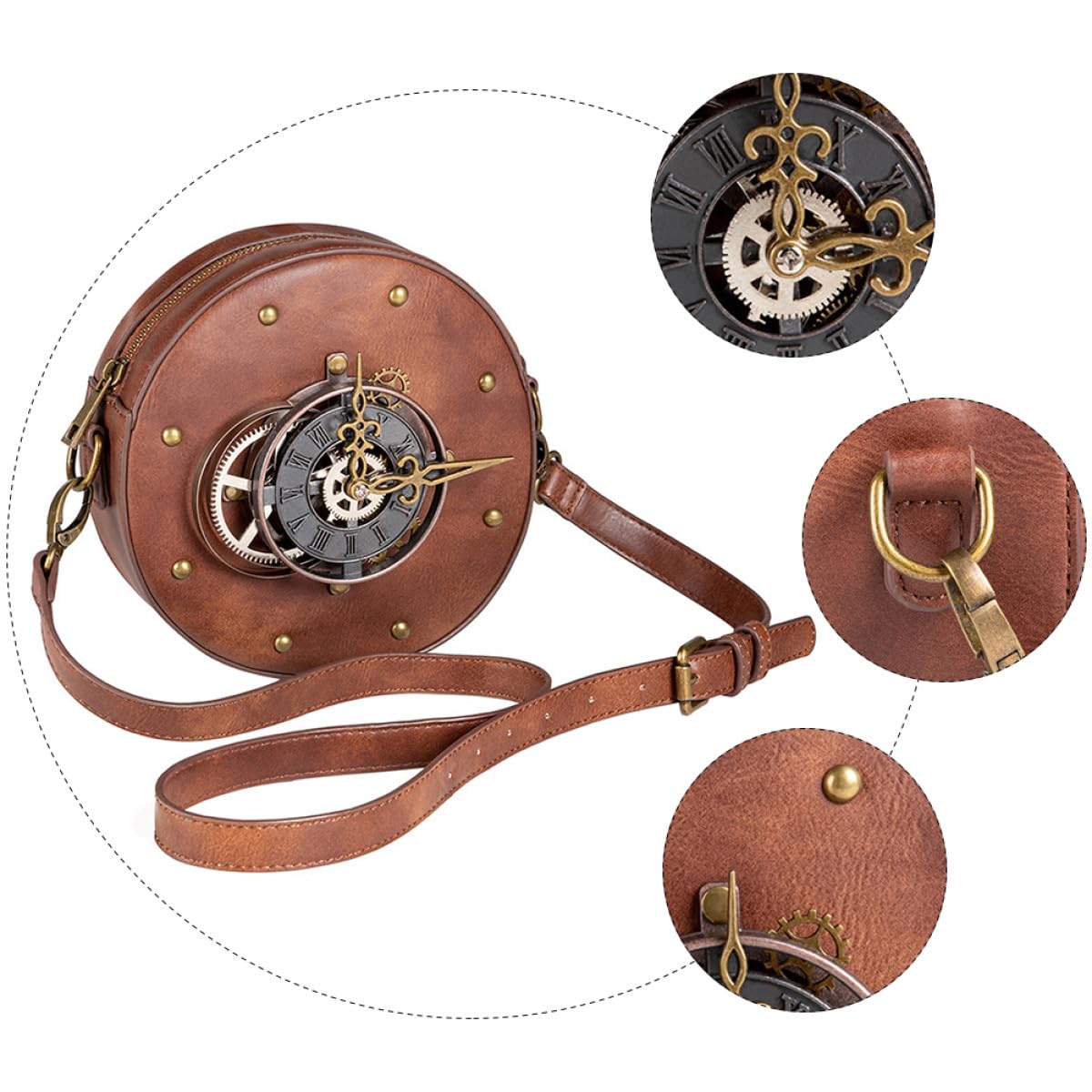 Veemoon Bolso de Hombro Mujer Estilo Steampunk Vintage Redondo, Piel Pu Negra, Bolsa de Almacenamiento Práctica para Uso Diario y Outfits Punk, Diseño Compacto y Moderno
