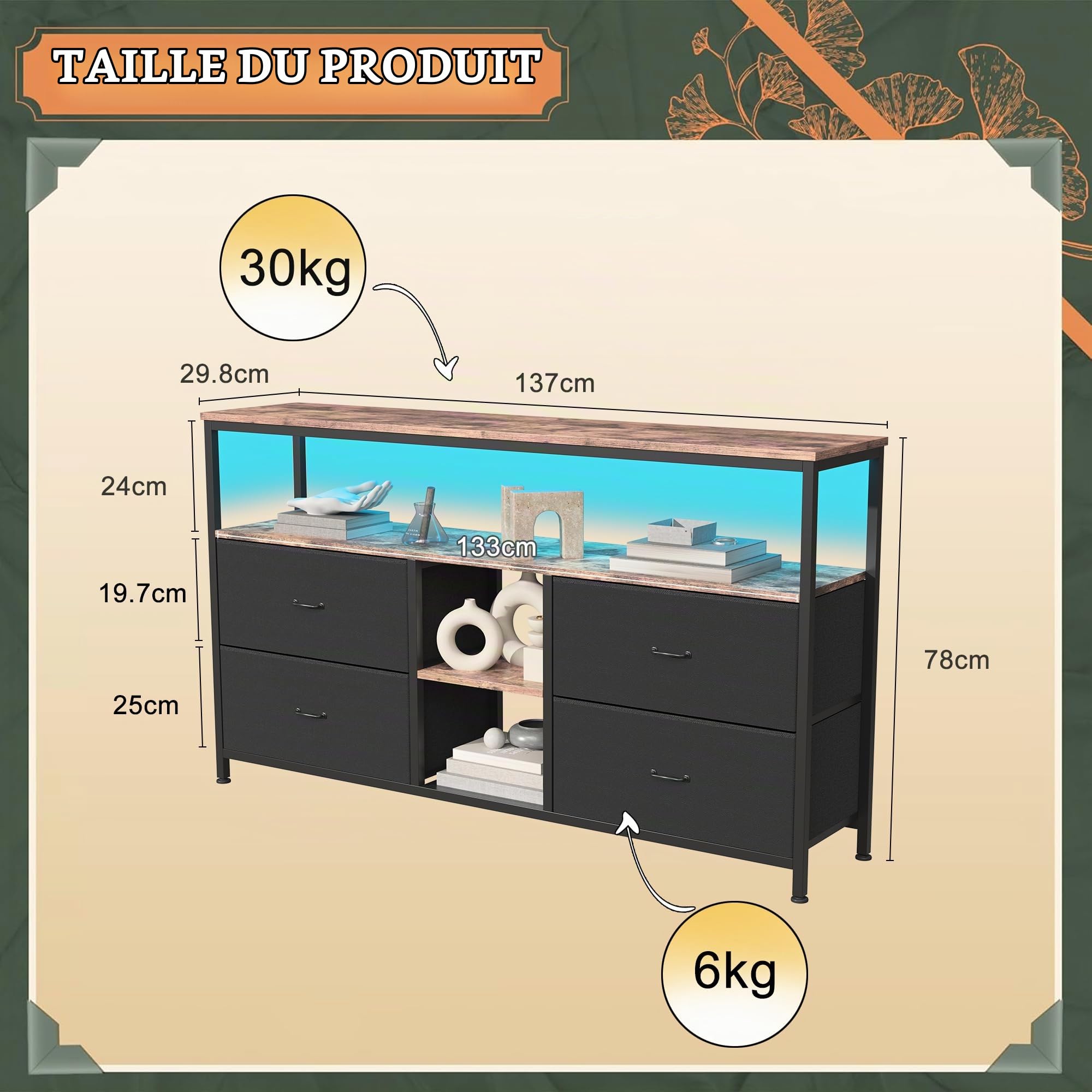 MEXUS Meuble TV, LED Meuble Tele Haut, Meuble TV avec Rangement, Etagères Réglables, 4 tiroirs en Tissu, Intégrez Solutions Rangement Optimisez Visionnage Améliorez L'esthétique (Noir, 137cm)