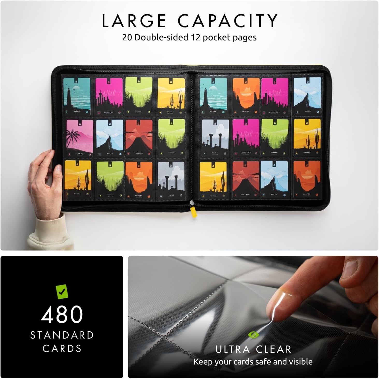 Vault X 12 Pocket Zip Binder, 480 Cards, Exo-Tec Material, 20 Side-Loading Pages (Yellow)