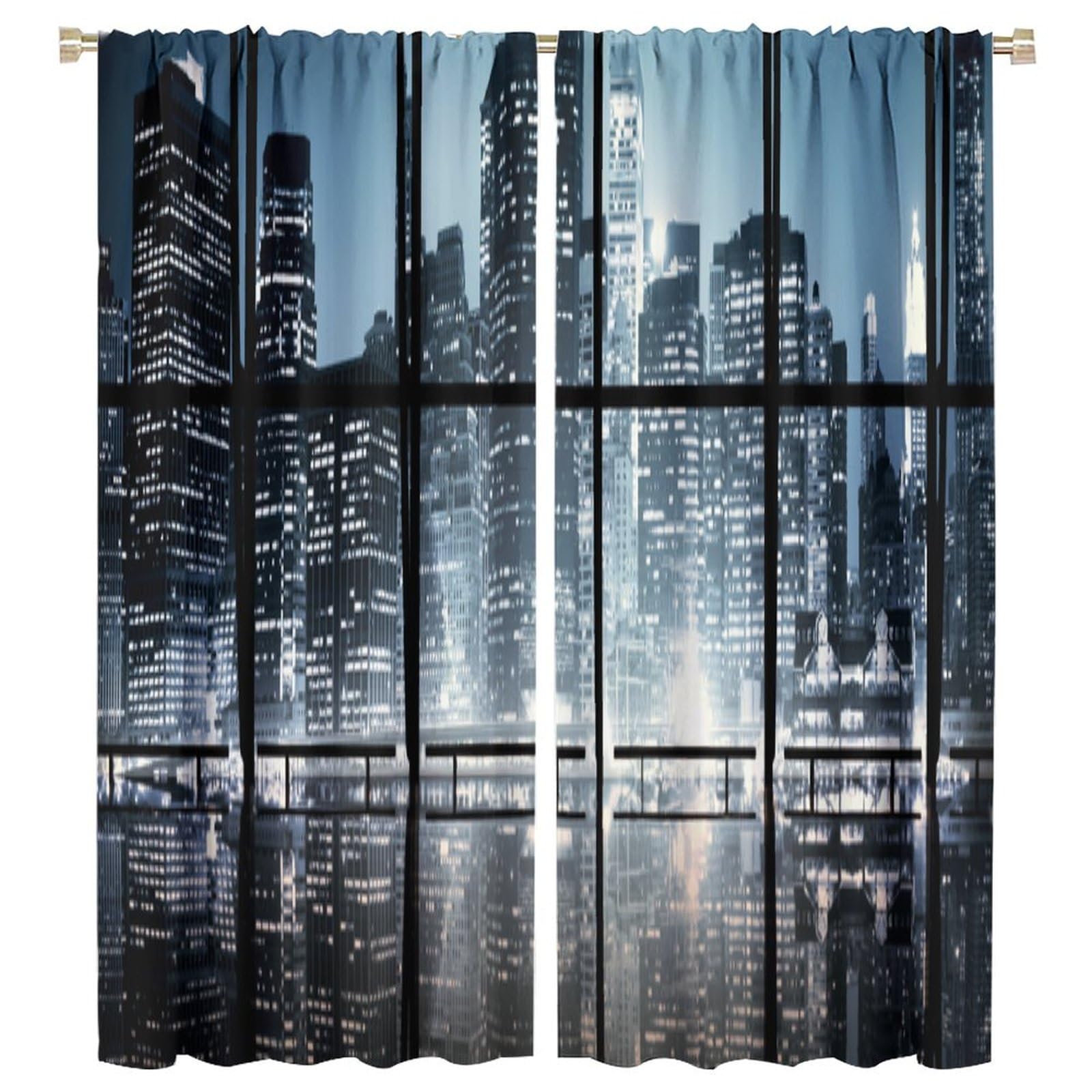 Modern Curtains, Modern New York City Scenery at Night with Skyscrapers Buildings Print for Bedroom Living Room Darkening Window Drapes 2 Panels 55x63in