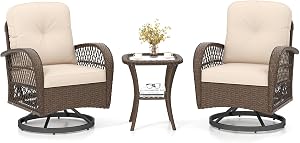 Tangkula 3 Piece Patio Swivel Rocker Set, 2 Outdoor Wicker Rocking Chairs with Tempered Glass Side Table, Outside Gliding Bistro Furniture Set with Thick Cushions for Porch, Yard