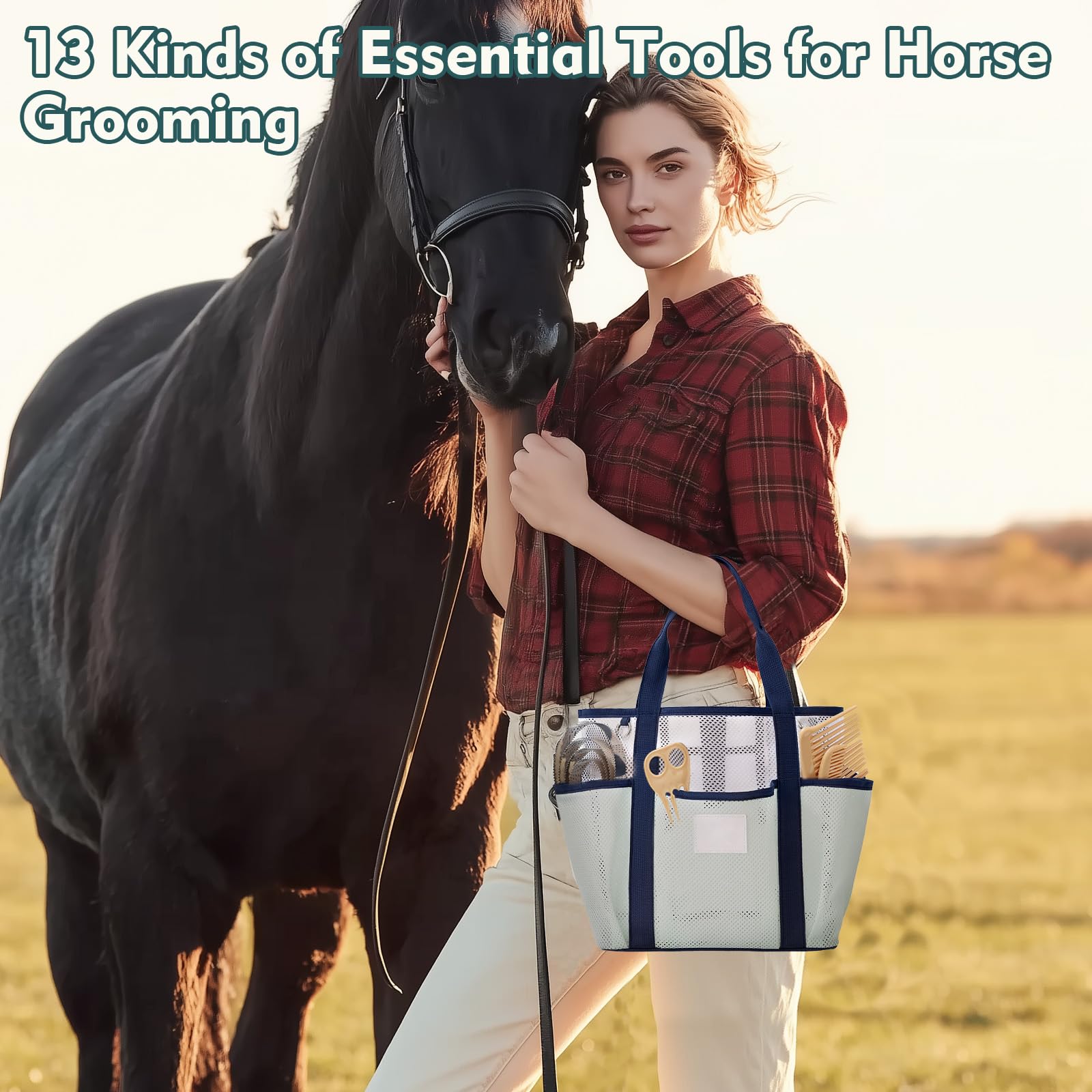 Scatola di Toelettatura per Cavallo, Kit di 13 Spazzole con Sacchetto di Stoccaggio Serie Equine Care per la Toelettatura e il Bagno del Cavallo