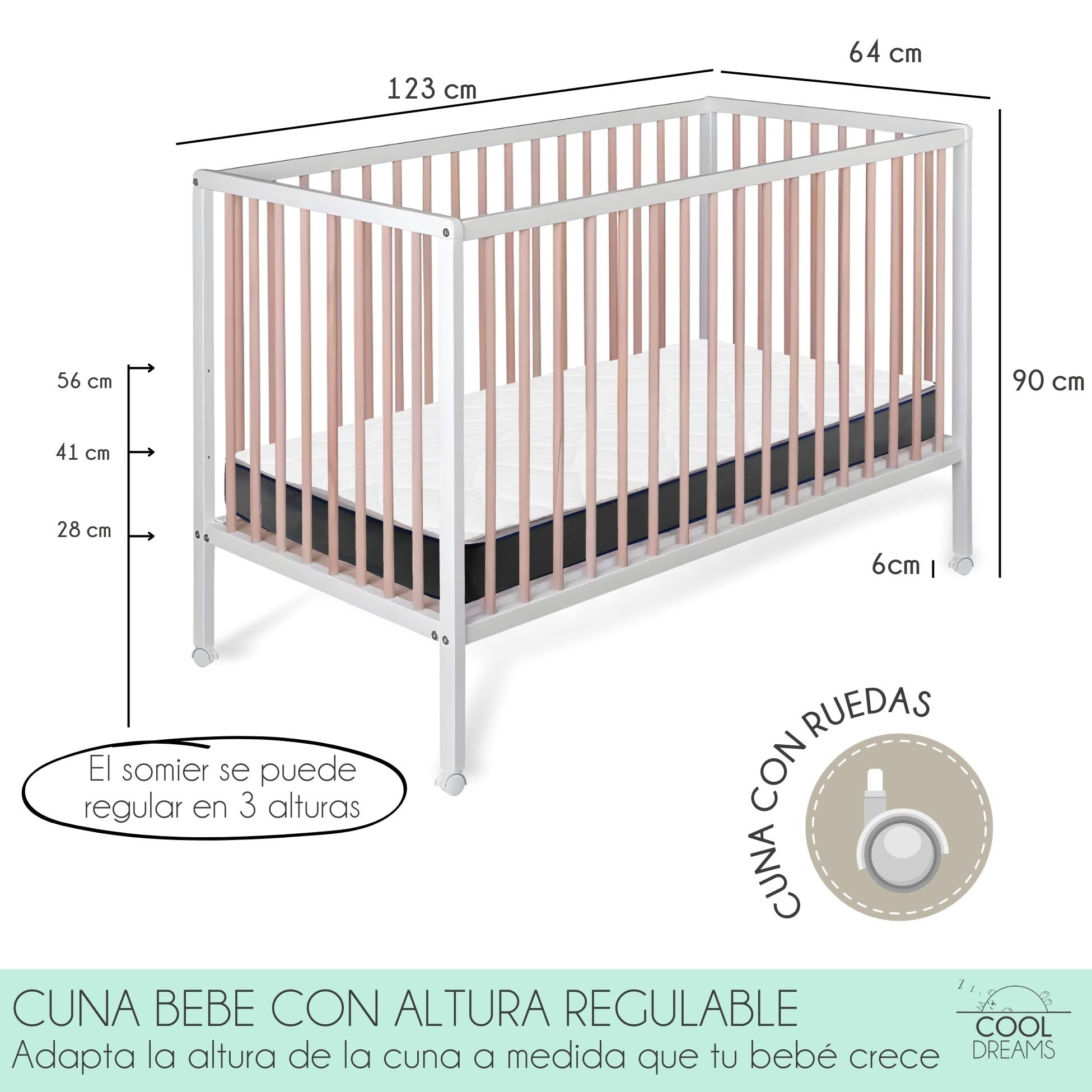 Cuna de Bebé Laponia Estilo Nórdico Color Natural 120x60 cm, de Madera de Haya, con Colchón Morfeo y Funda Impermeable CoolDreams