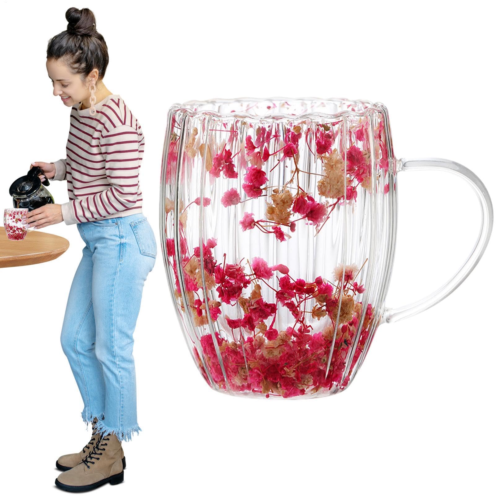Xiixuuj Cups with Dried Flowers, 300ml Double Walled Clear Tea Cups with Handle, Drinking Cups for Hot Cold Beverages, Milk Mugs