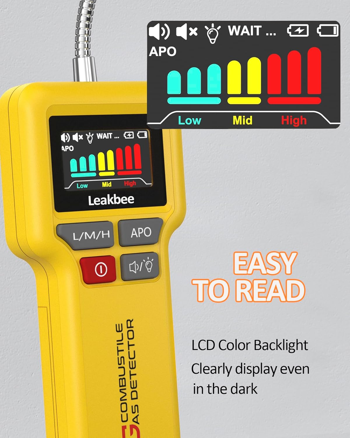 Y201-Pro Natural Gas Detector, Gas Leak Detector with 12-Inch Gooseneck, Locating The Source of Propane, Natural Gas, and Combustible Gas Leak for Home and RV (Battery x3 1.5V AA) - Yellow