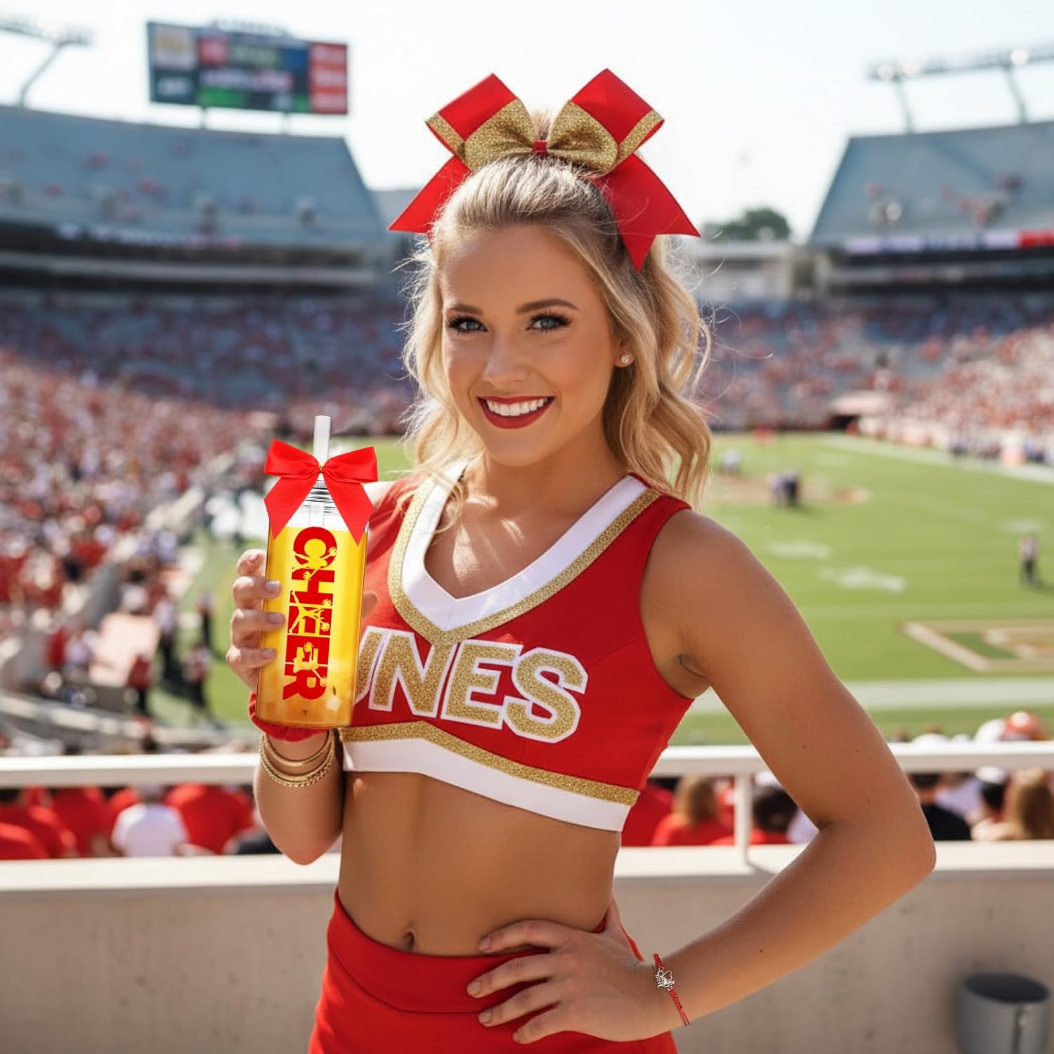 24 Set Cheerleader Gift Bulk for Team 13.5 oz Cheer Cups Bow Water Bottle with Lids and Straws Cheer Bracelets for Cheerleader Women Sport Party Favor Senior Night Gift(Red)