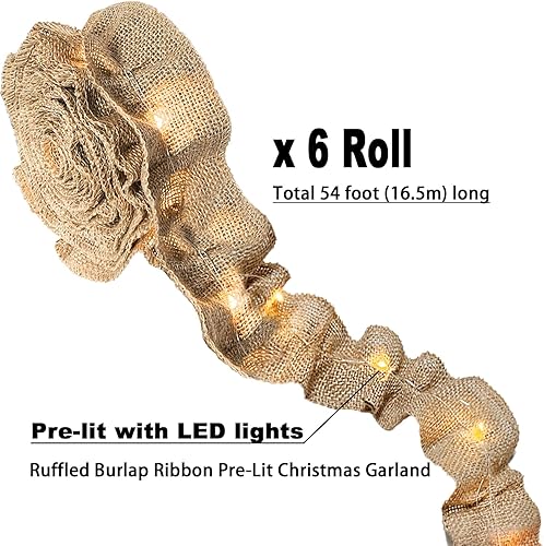 Miniatura 2 de Jishi Guirnalda de cinta de árbol de Navidad preiluminada, arpillera, decoraciones de Navidad, 9 pies x 6 rollos de cinta de arpillera preiluminada,