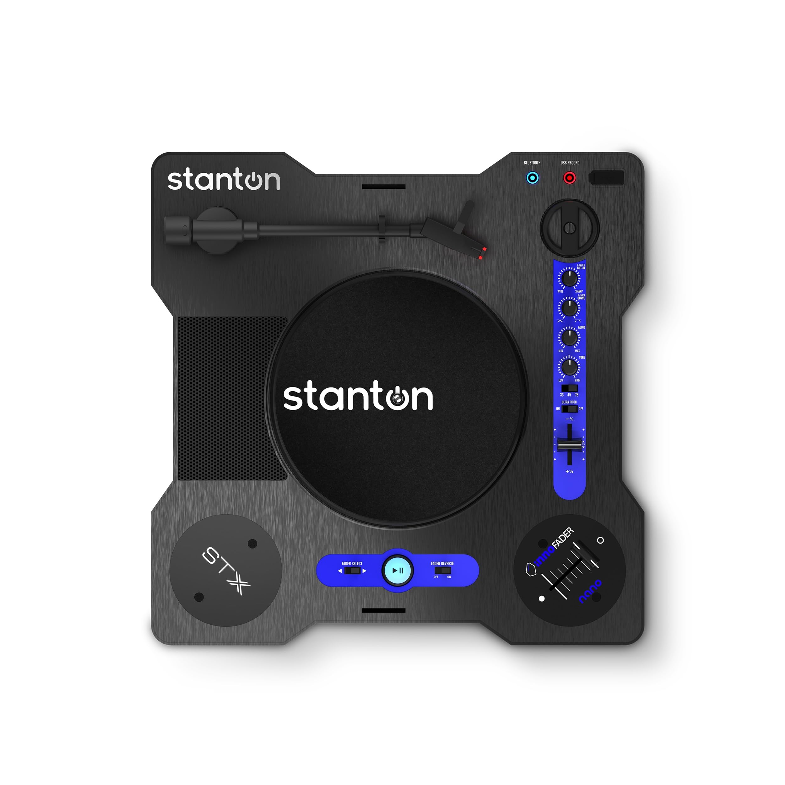 Stanton STX - Platine DJ de Scratch Portable avec Innofader Nano, Bluetooth, Curseur de Pitch, Enregistrement USB, Haut-Parleur, Piles Rechargeables