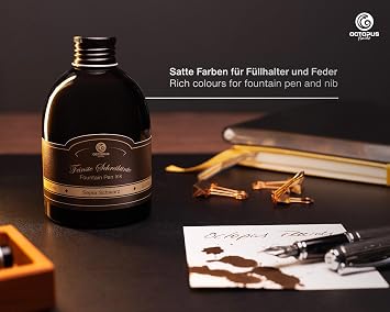 Fountain Pen Ink in Practical Refill Bottle, Writing Ink for Fountain Pen, Fountain Pen Ink, Calligraphy Ink in Sepia Black 250ml