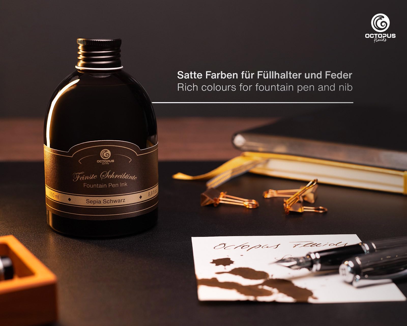 Octopus Fluids Classic Sepia Black pióro wieczne - zestaw z wkładem o pojemności 250 ml i konwerterem atramentu, wysokiej jakości tusz do pisania do piór wiecznych i piór