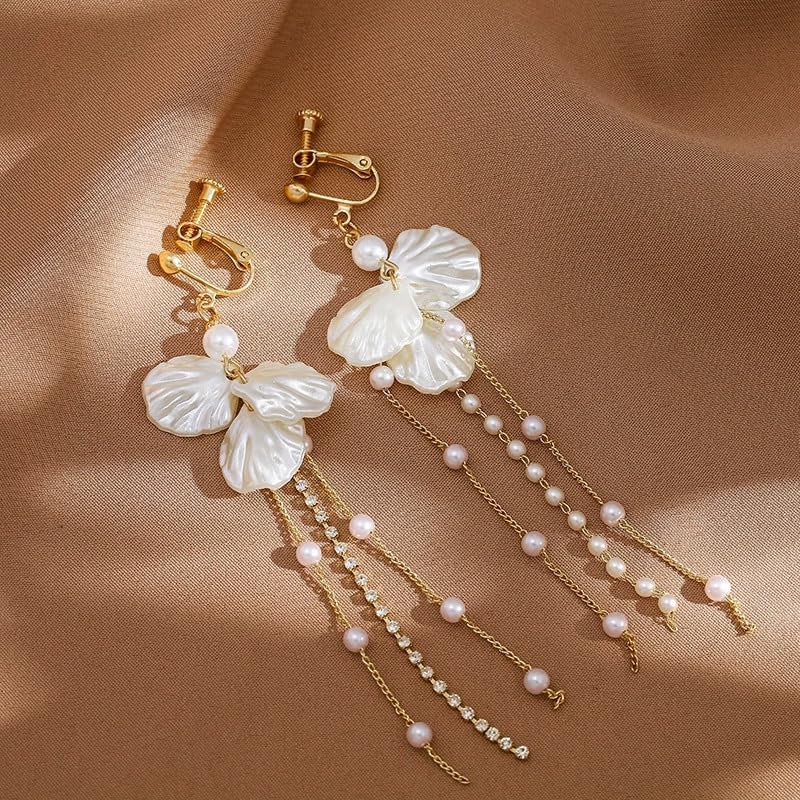 Dainty Long Pearl Drop Clip On Earrings for Women Dangly Gold Rhinestone and White Pearls Tassel Shell Flower Dangle Earring Dangling Trendy Jewelry - Image 4