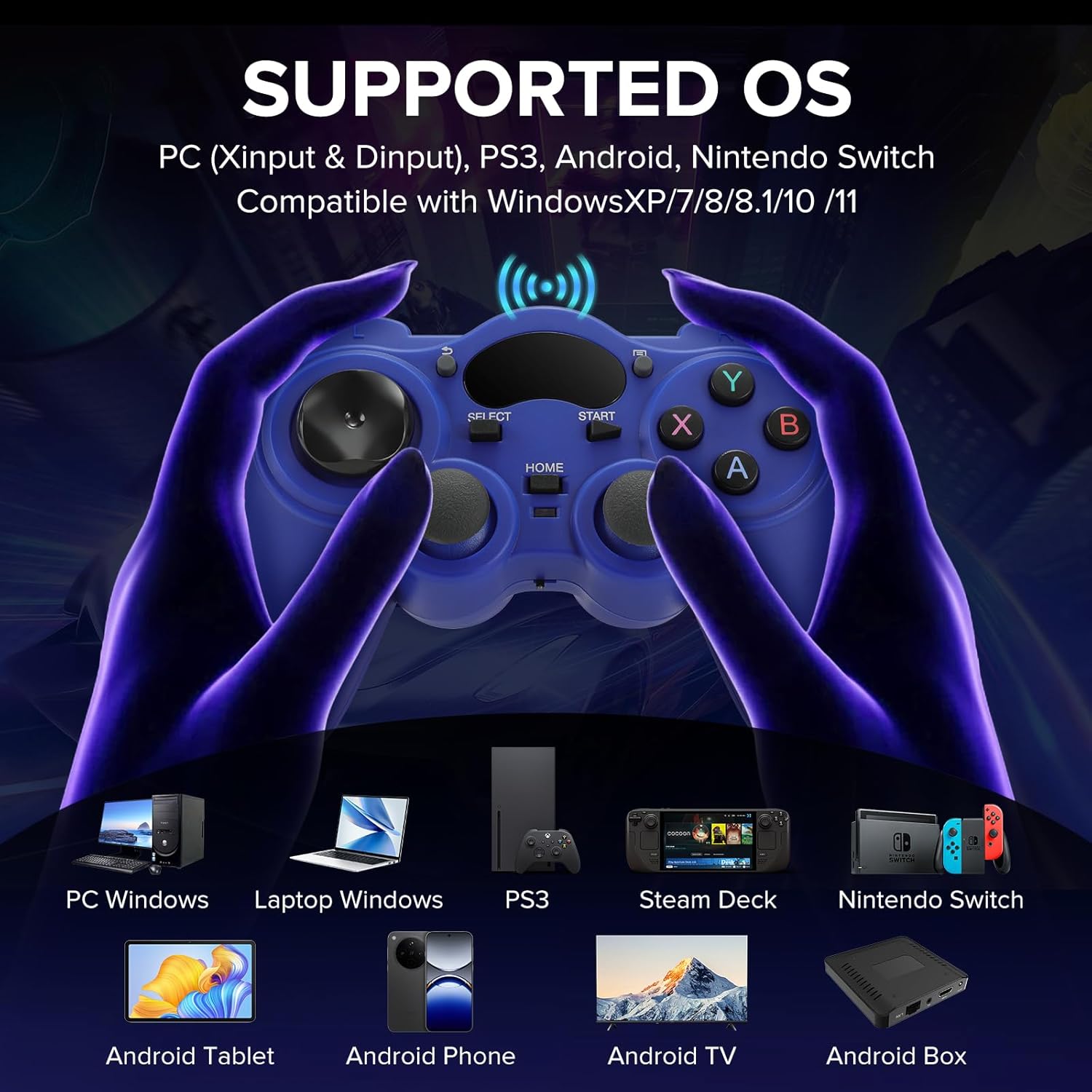 RARELEMON Wireless Gamepad for PC Laptop Android Steam – Blue USB & Bluetooth Game Controller with Phone Mount Compatible with Windows 7/10 Steam Deck Switch via Adapter Android TV Box & OTG