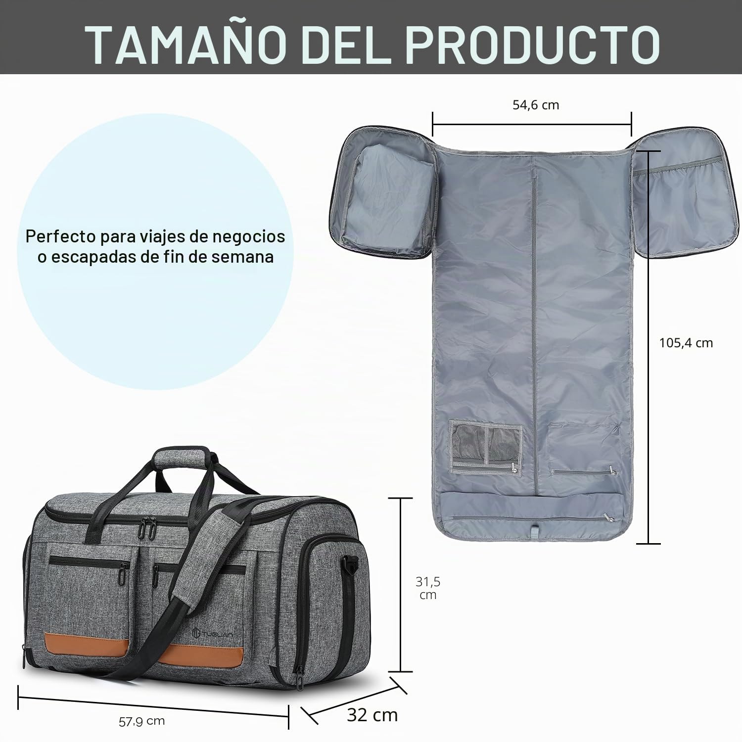TUGUAN Bolsa Portatrajes Hombre Bolsa de Viaje para Ropa, 3 en 1, Convertible Equipaje de Mano Bolsa de Ropa para con Compartimentos para Zapatos y Mochila Función Escapadas Viajes de Negocios, Gris