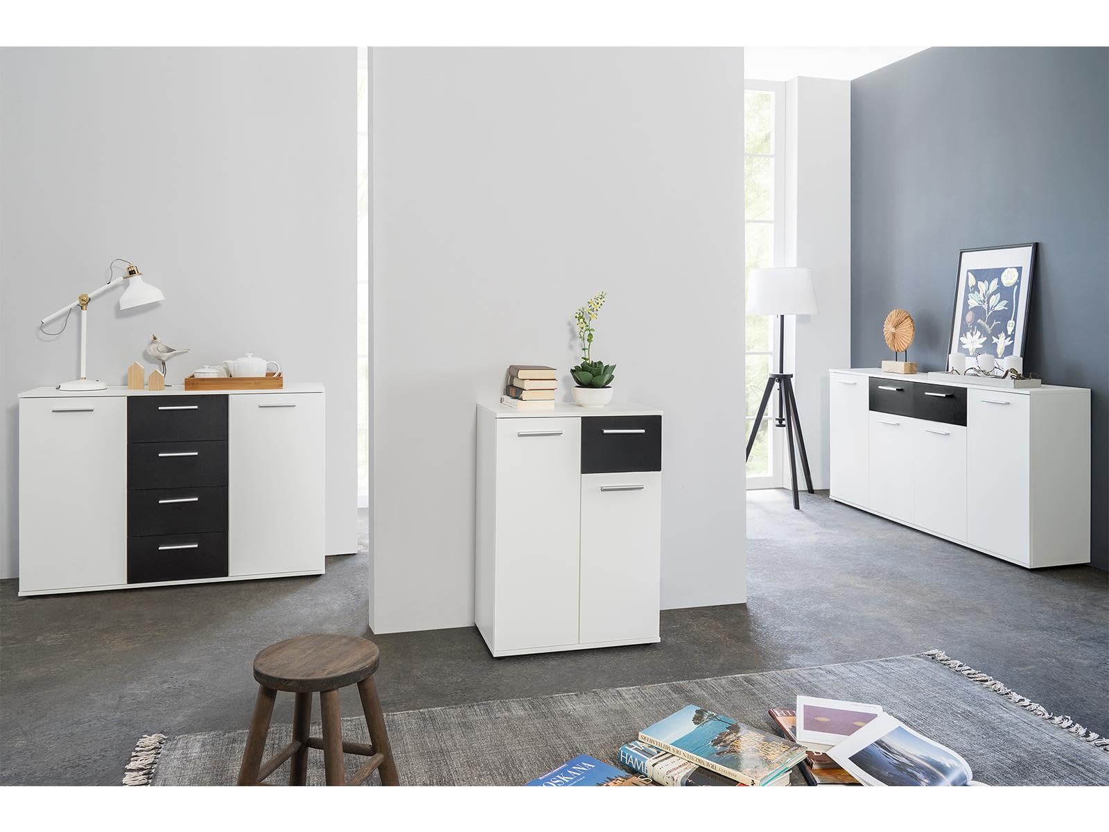 möbelando Sideboard Beistellschrank Anrichte Standschrank Kommode Highboard Jacklin II Weiß/Schwarz