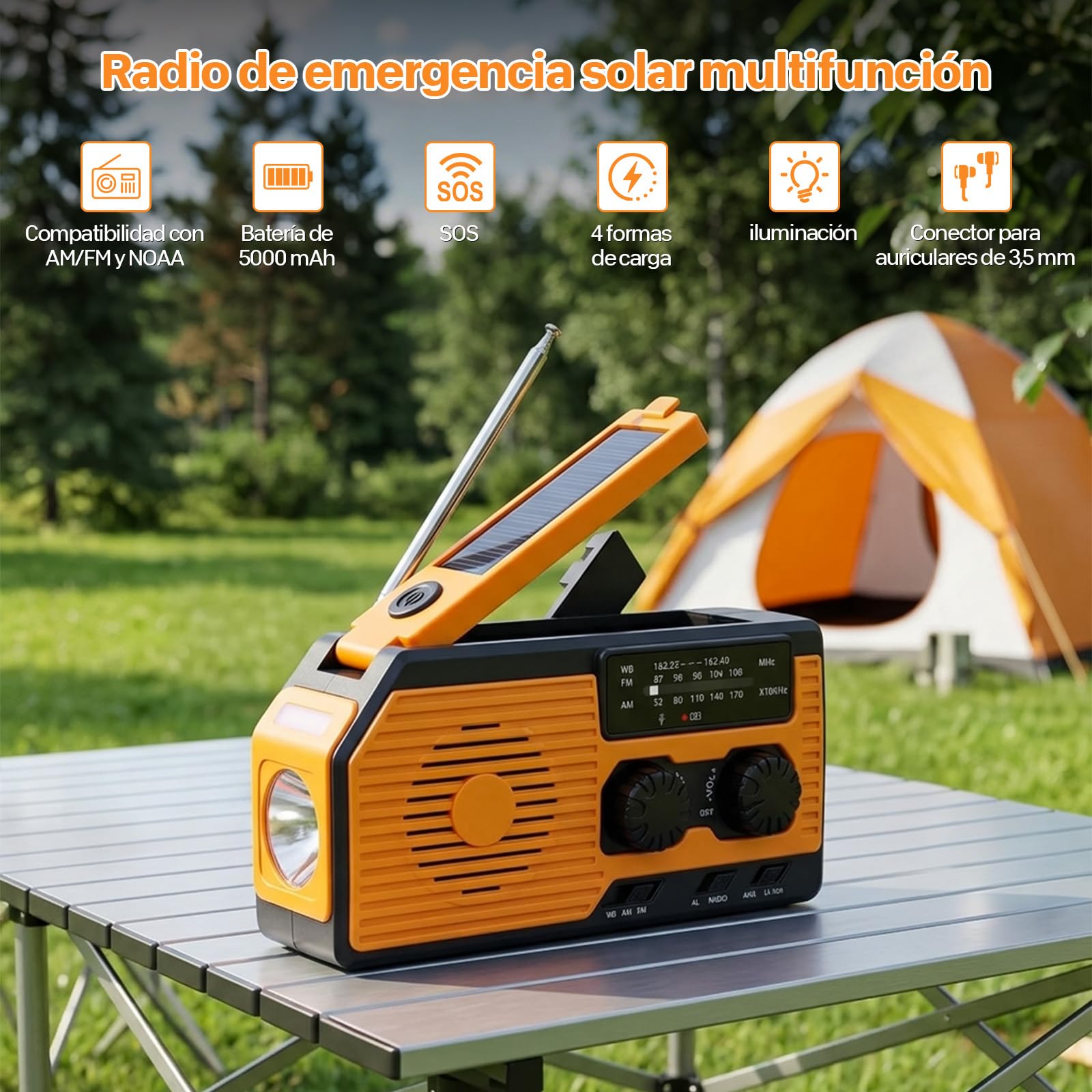 VHV Radio Manivela Solar Emergencia, Emergencia Portátil, Manivela Solar Am/FM/NOAA, Batería Power Bank 5000mAh, Radio de Supervivencia con Manivela, Linterna, Alarma SOS (Color)