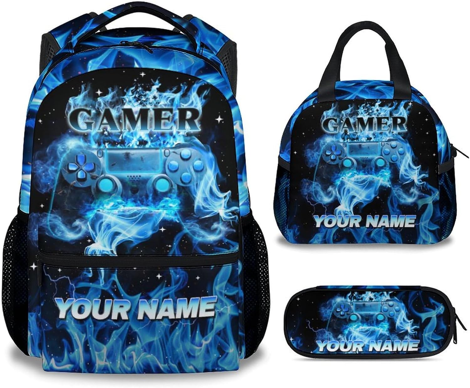 Custom Backpack with Lunch Box and Pencil Case Set, Set of 3 Matching Gamer Backpacks Combo, Blue Cute Gaming Boys Kids Bookbag and Pencil Case Bundle