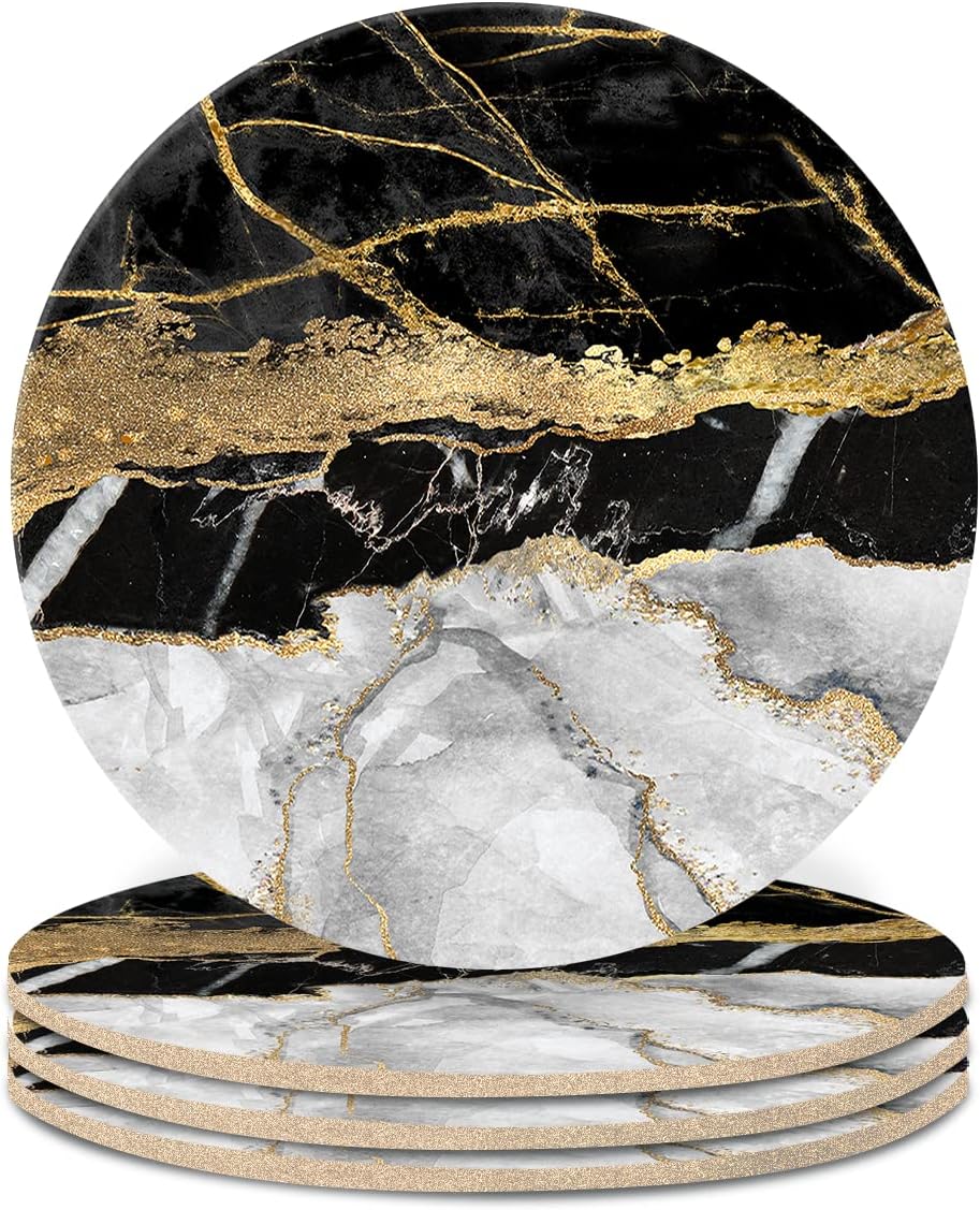 4Pcs Absorbent Drink Coasters Black Gold Grey Marble Pattern Round Coaster with Cork Backing Non-Slip for Home Office 4in