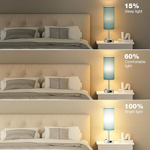 Miniatura 5 de Lámpara de mesa de noche turquesa para dormitorio, lámpara táctil regulable de 3 vías, puertos de carga USB A y C y salida de CA, lámpara pequeña