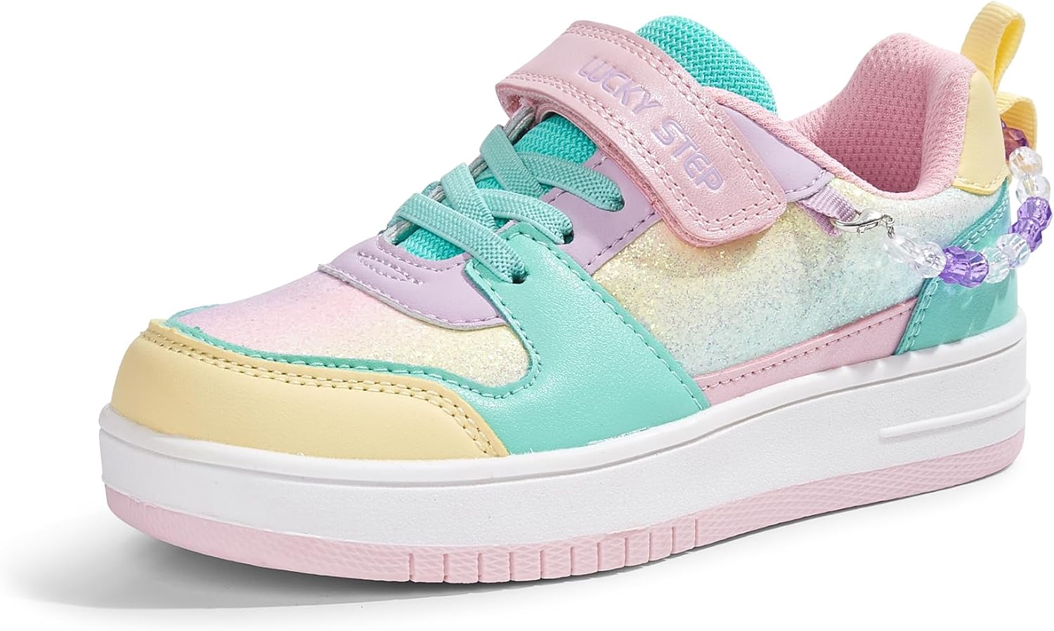 LUCKY STEP Girl's Glitter Sneakers Slip On Hook and Loops Athletic Sparkly Beads Casual Tennis School Party Cute Running Shoes for Children/Girls/Kids