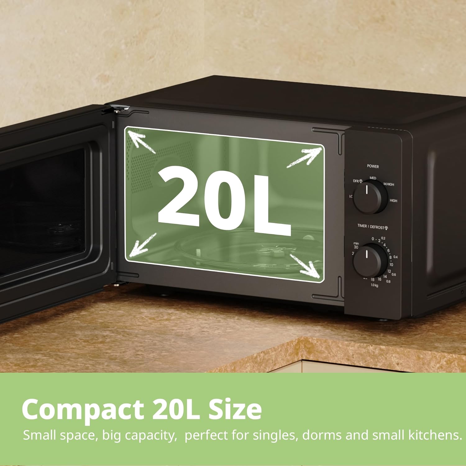 COMFEE' COMFEE' 20L Compact Microwave, 700W Black Solo Manual Microwave with Inverter 20… thumbnail 9