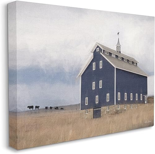 Stupell Industries Blue Farm Granero Paisaje Animales Pastando Cielo Nublado, Diseñado por Lori Deiter - Lienzo decorativo para pared