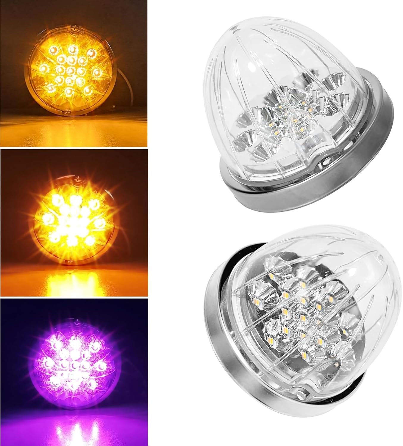 2PCS Dual Revolution Amber Turn Signal and Marker to Purple Auxiliary 17 LED Watermelon Lights, Clear Lens & Stainless Steel Bezel Marker Light for Freightliner Kenworth Peterbilt Trailer Heavy Truck
