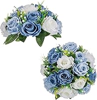 Vista 1 de BLOSMON Centros de mesa de bola de flores para mesa 2 piezas Centro de mesa de rosas artificiales Flores azul polvoriento Arreglo floral de seda
